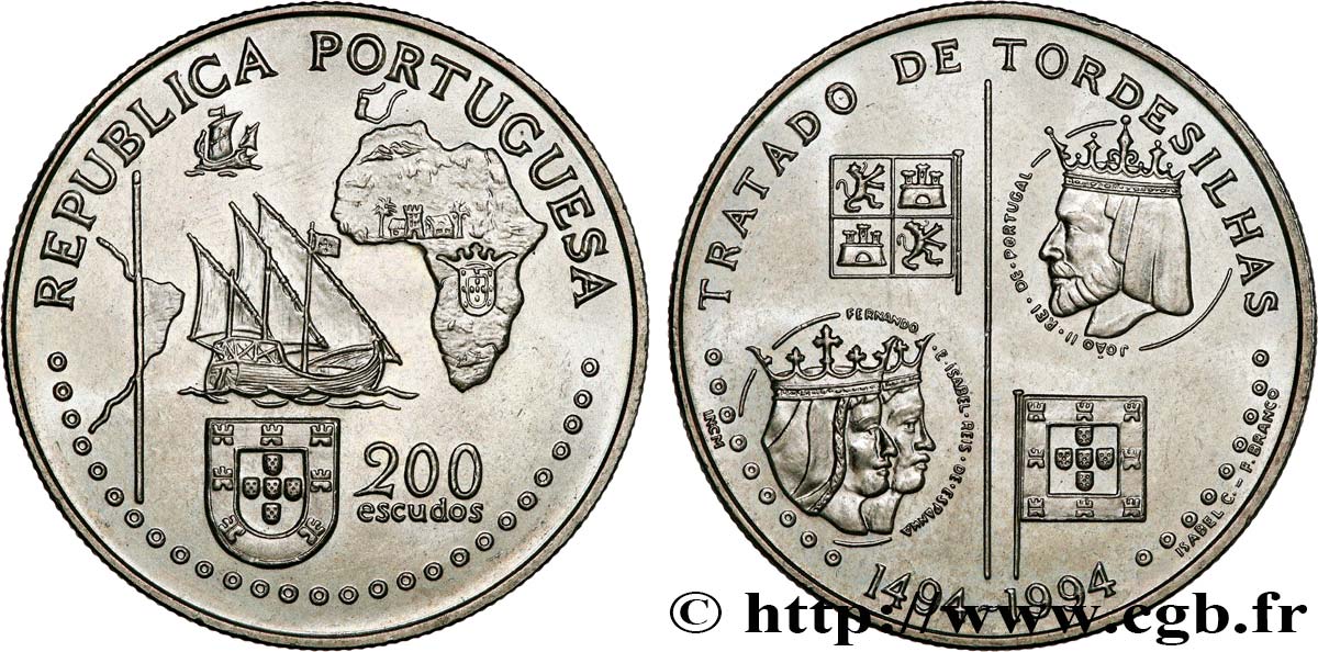 PORTUGAL 200 Escudos Traité de Tordesillas en 1494 1994  SPL 