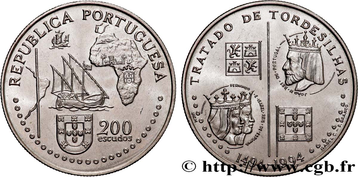 PORTUGAL 200 Escudos Traité de Tordesillas en 1494 1994  SPL 