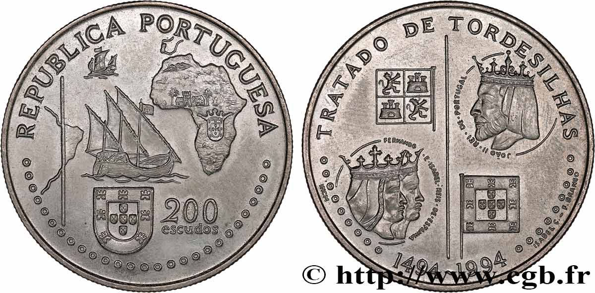 PORTUGAL 200 Escudos Traité de Tordesillas en 1494 1994  fST 