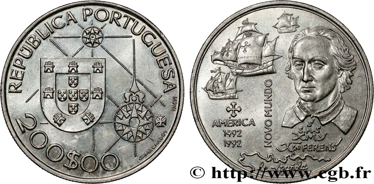PORTOGALLO 200 Escudos 500e anniversaire découverte de l’Amérique, Colomb et ses navires 1992 Lisbonne MS 