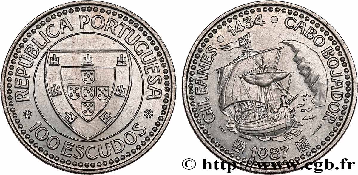 PORTUGAL 100 Escudos Découverte du Cap Bojador en 1434 par Gil Eanes, voilier 1987  fST 