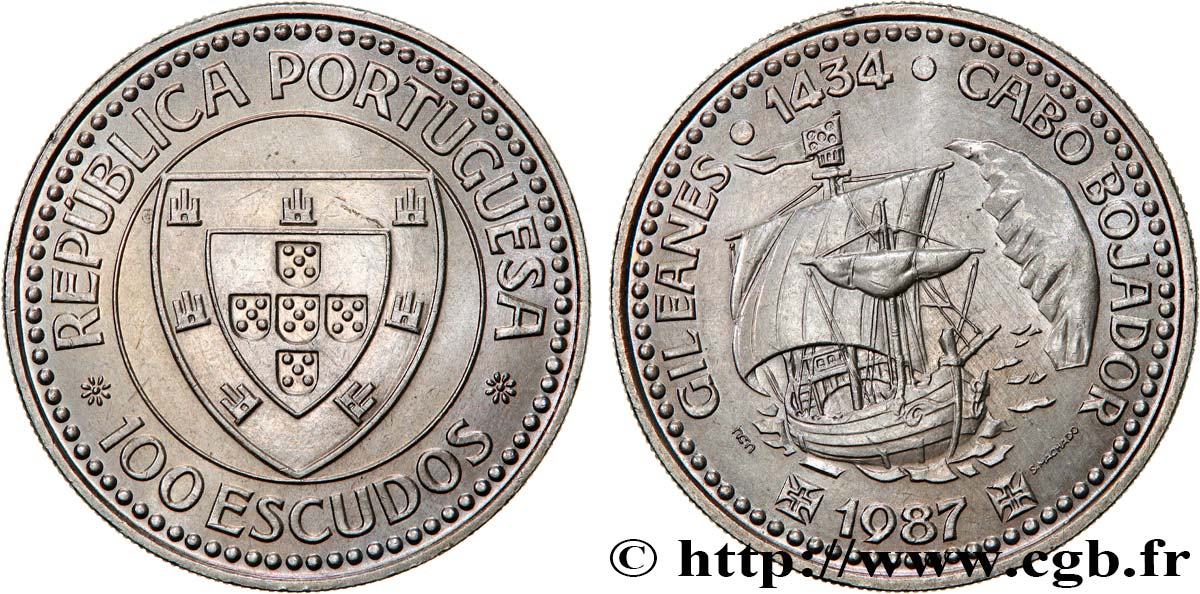 PORTOGALLO 100 Escudos Découverte du Cap Bojador en 1434 par Gil Eanes, voilier 1987  MS 