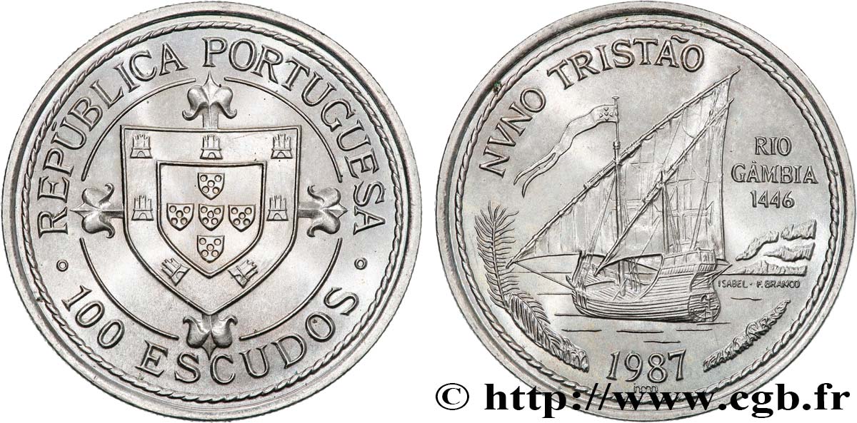 PORTUGAL 100 Escudos Découverte du fleuve Gambie en 1446 par Nuno Tristao 1987  SC 