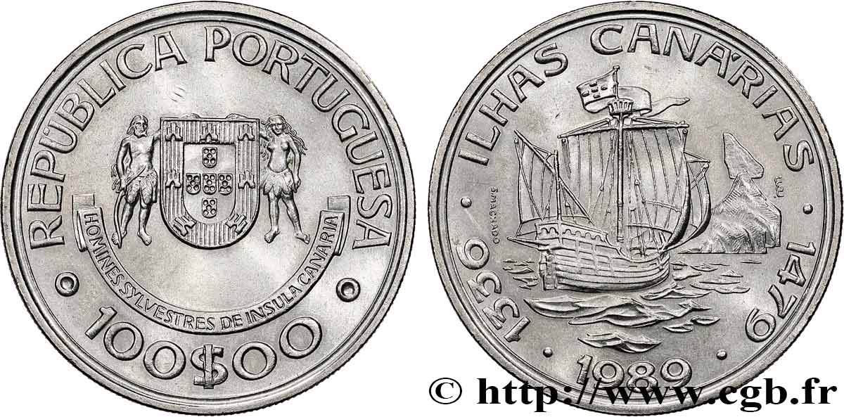 PORTUGAL 100 Escudos découverte des îles Canaries 1989  SUP 