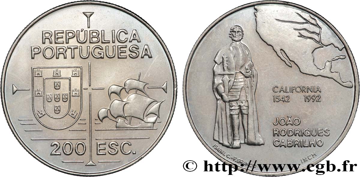 PORTUGAL 200 Escudos João Rodrigues Cabrilho, carte de l’Amérique du Nord 1992 Lisbonne SPL 