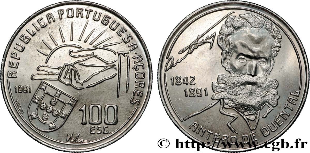 AZORES 100 Escudos 100e anniversaire de la mort du poète Antero de Quental 1991  MS 