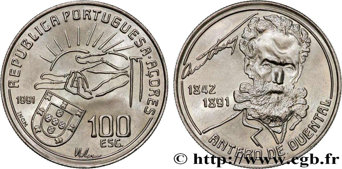 AZORES 100 Escudos 100e anniversaire de la mort du poète Antero de Quental 1991  MS 