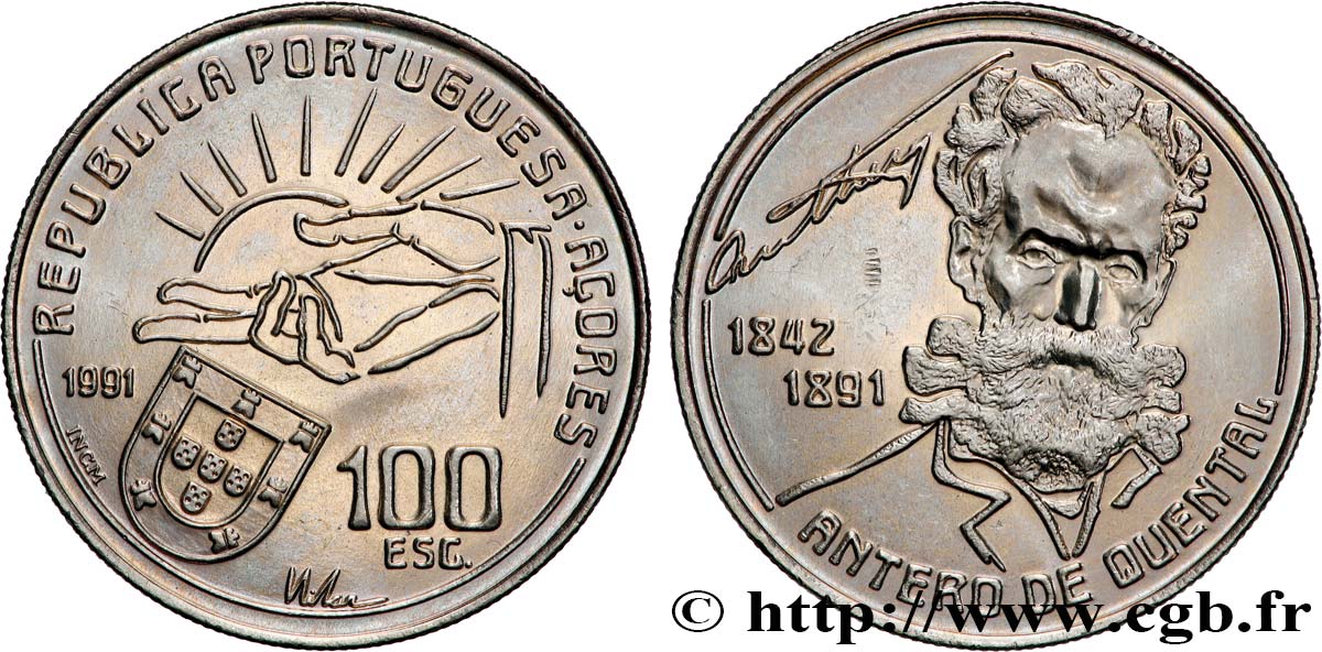AZORES 100 Escudos 100e anniversaire de la mort du poète Antero de Quental 1991  MS 