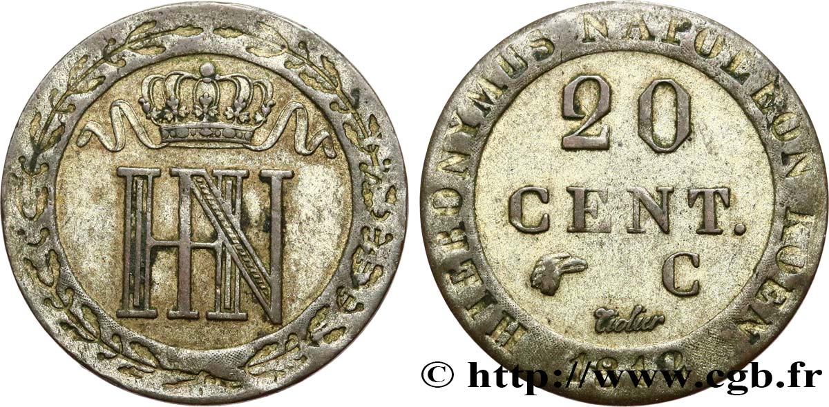 ALLEMAGNE - ROYAUME DE WESTPHALIE 20 Cent. monogramme de Jérôme Napoléon 1812 Cassel - C TB+ 