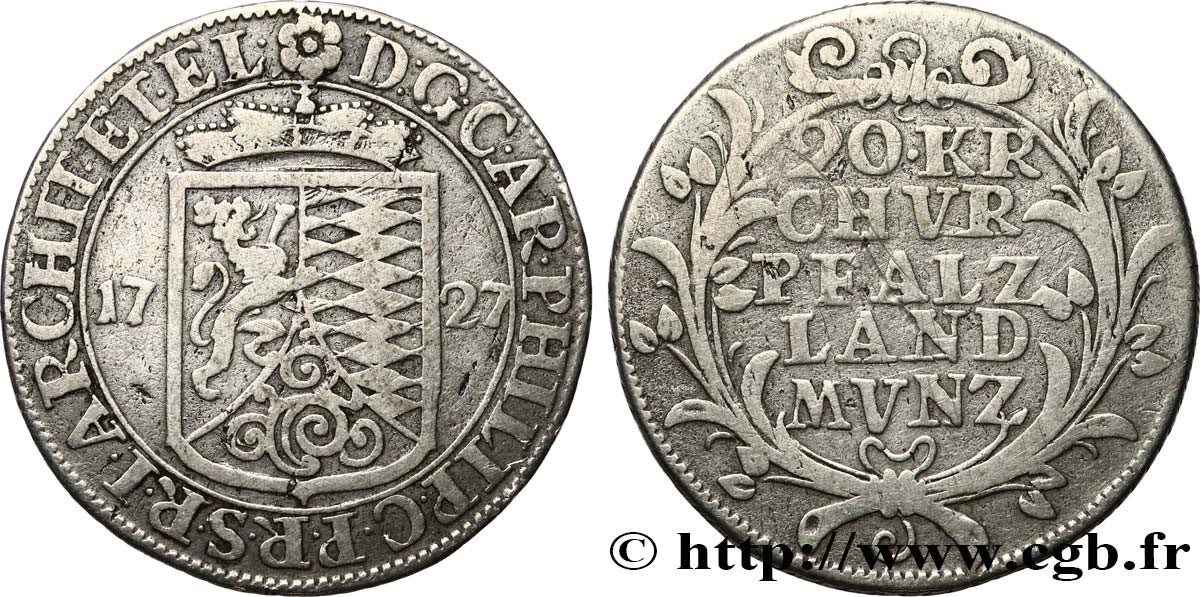 GERMANIA - PALATINATO 20 Kreuzer au nom Charles Philippe 1727  BB 