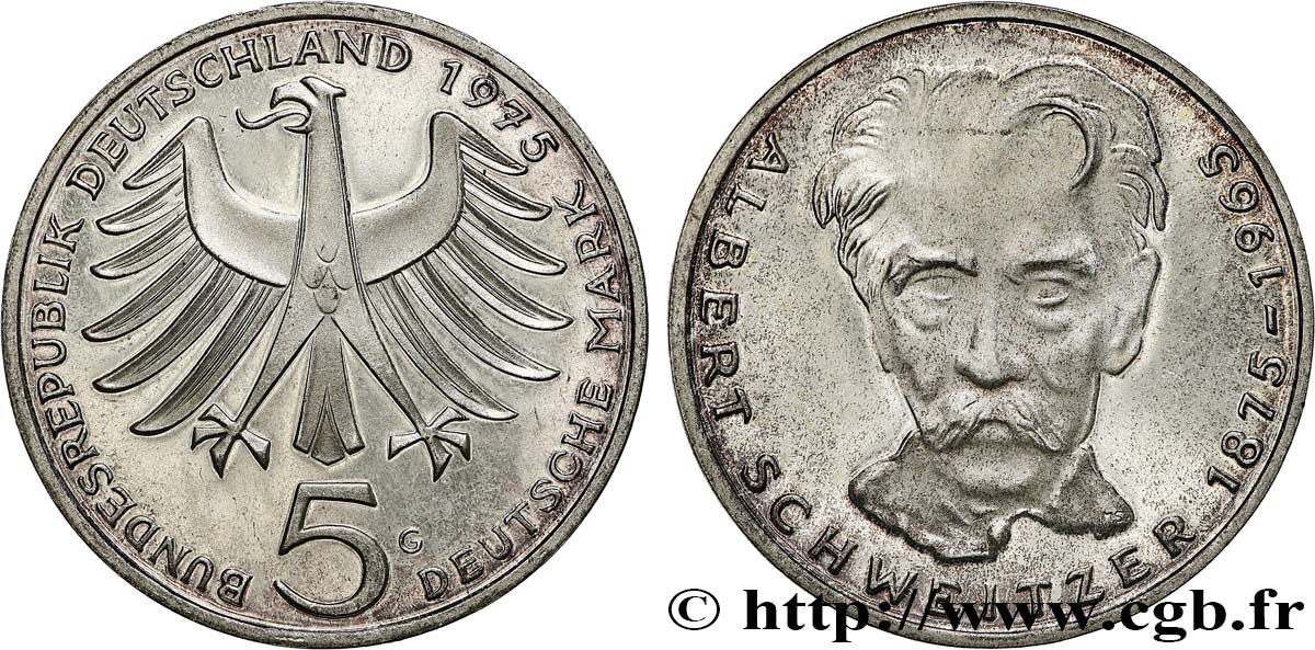 GERMANIA 5 Mark Proof Albert Schweitzer 1975 Karlsruhe MS 
