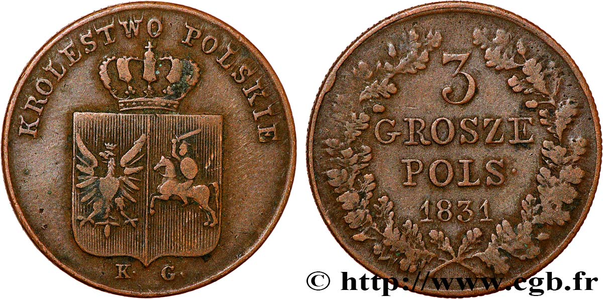 POLOGNE 3 Grosze monnayage révolutionnaire 1831 Varsovie TTB 