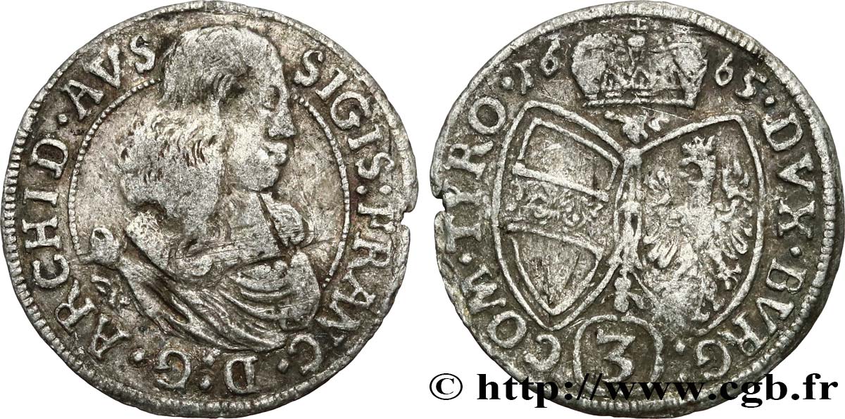 AUSTRIA - TYROL 3 Kreuzer Sigismond François 1665 Hall VF 