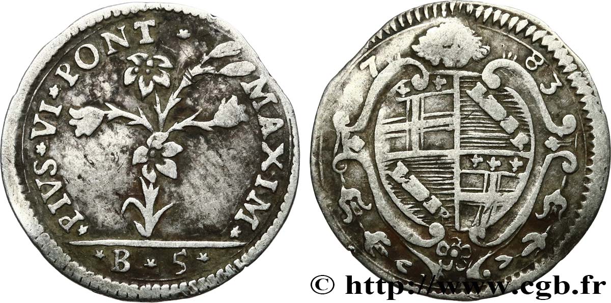 VATICAN AND PAPAL STATES 5 Bolognini Pie VI 1783 Bologne VF 