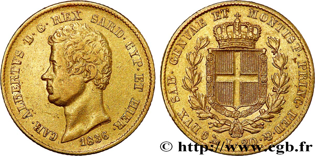 ITALY - KINGDOM OF SARDINIA 20 Lire Charles-Albert 1836 Gênes VF/XF 