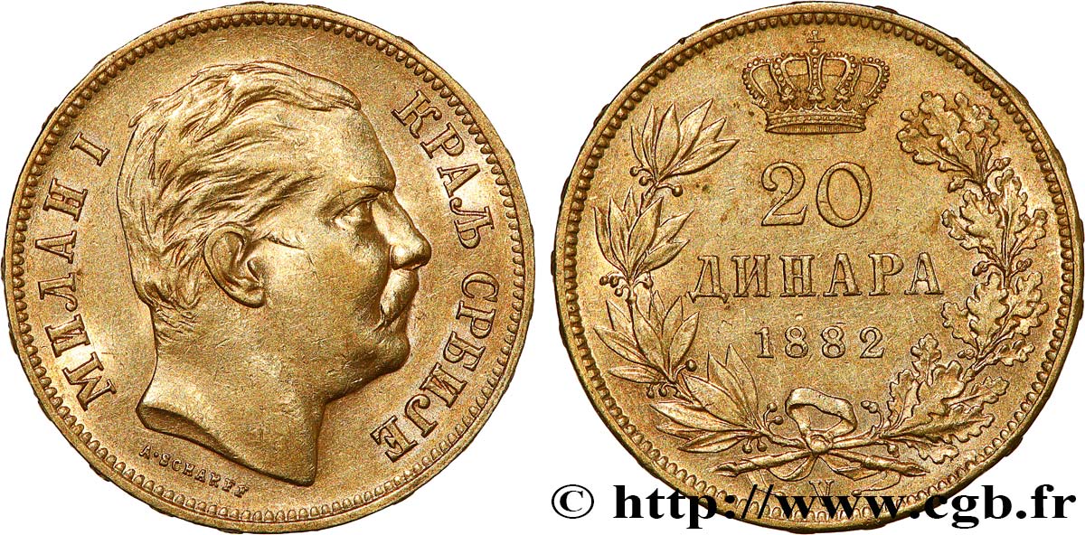 SERBIA 20 Dinara Milan IV Obrenovic 1882 Vienne q.SPL 