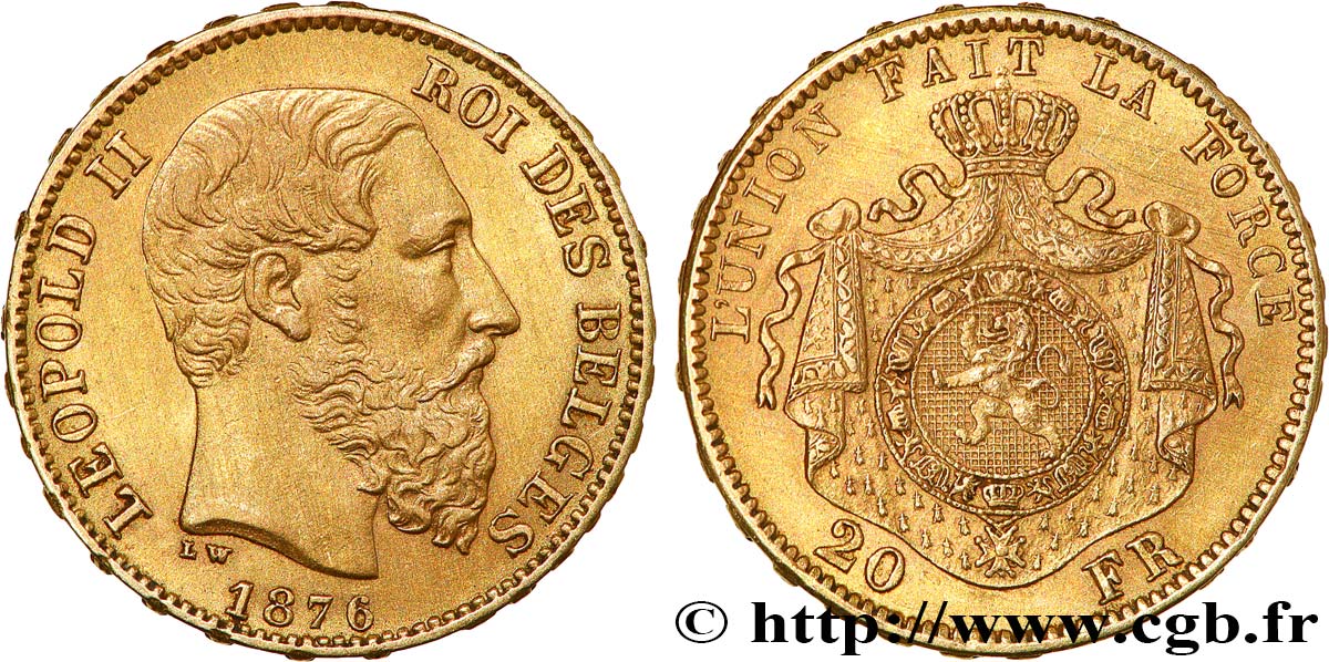 BELGIUM 20 Francs Léopold II 1876 Bruxelles XF 