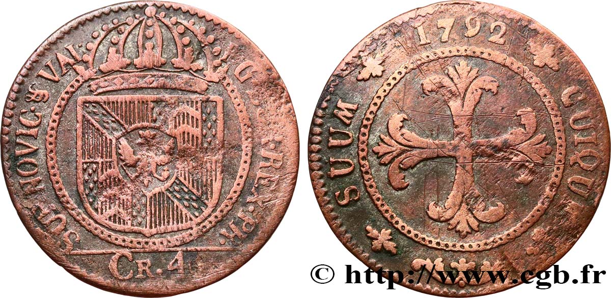 SWITZERLAND - CANTON OF NEUCHATEL 4 Kreuzer 1792  VF 