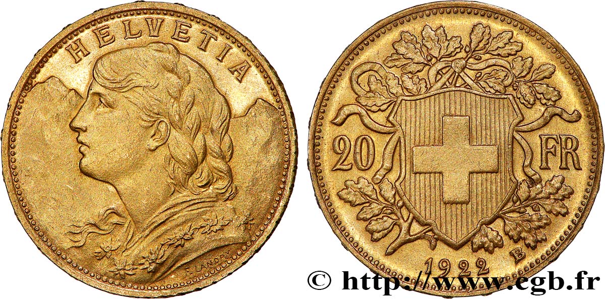 INVESTMENT GOLD 20 Francs  Vreneli   1922 Berne EBC 