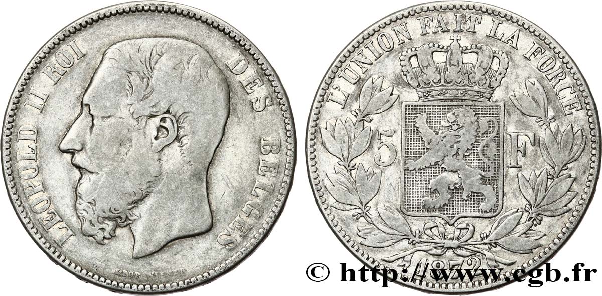 BELGIQUE 5 Francs Léopold II 1872  TB 