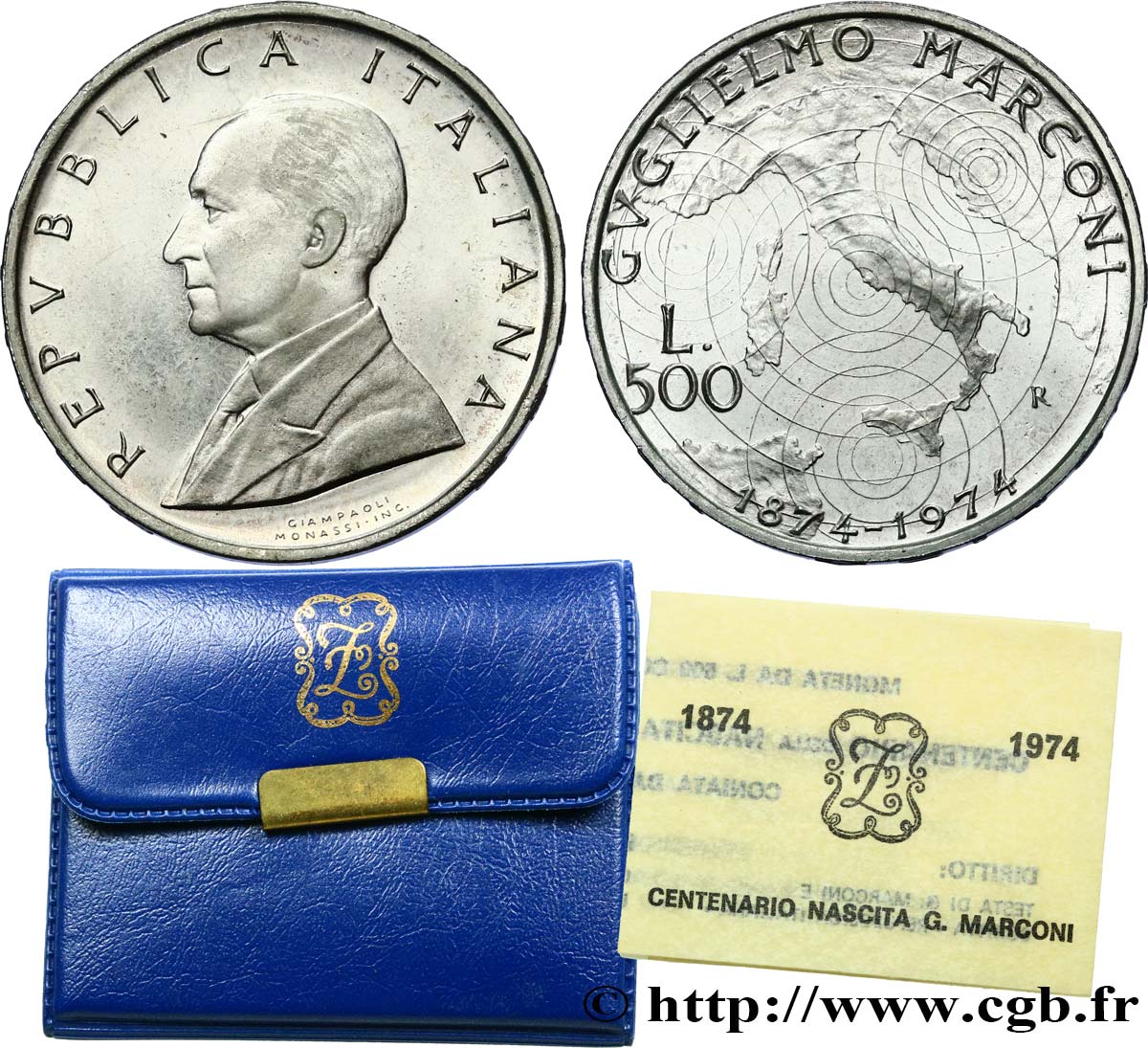 ITALIA 500 Lire Proof centenaire de la naissance de Gugielmo Marconi 1974 Rome - R FDC 