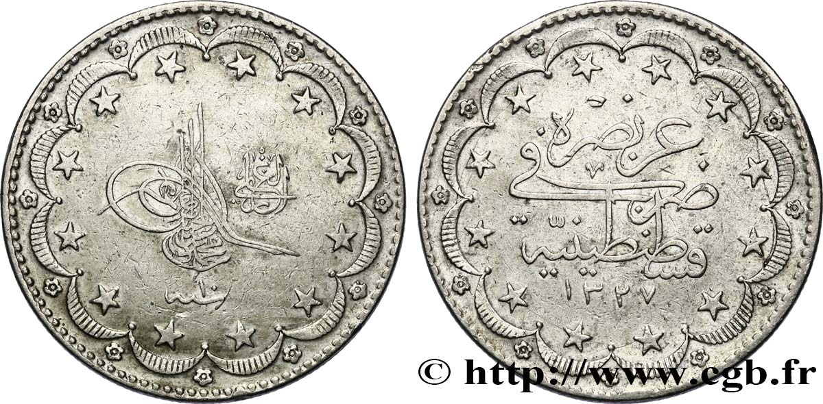 TURQUIE 20 Kurush au nom de Mehmed V Resad AH1327 an 10 1918 Constantinople TTB 
