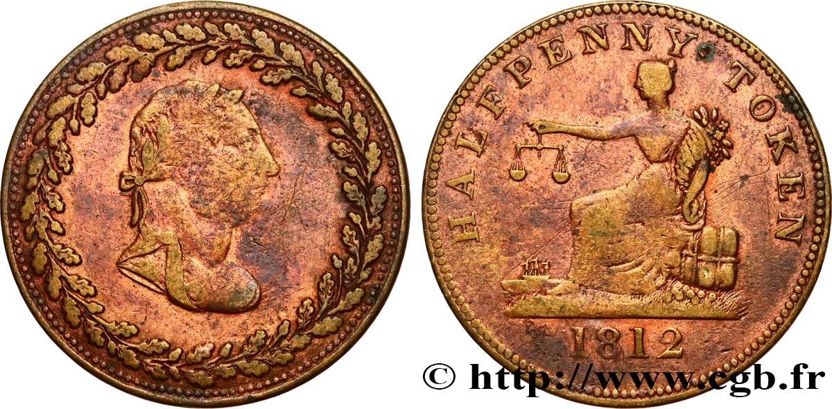 VEREINIGTEN KÖNIGREICH (TOKENS) 1/2 Penny buste de Georges III lauré 1812  fSS 