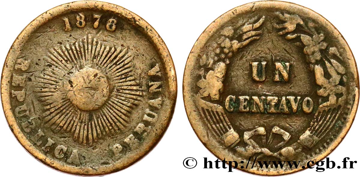 PERú 1 Centavo Soleil 1876  RC+ 