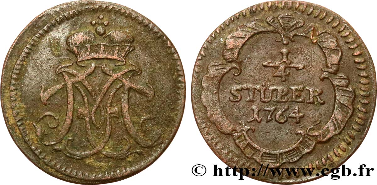 GERMANIA - COLONIA 1/4 Stuber monogramme de Maximilien-Frédéric de Königsegg-Rotenfels prince-évèque 1764  MB 