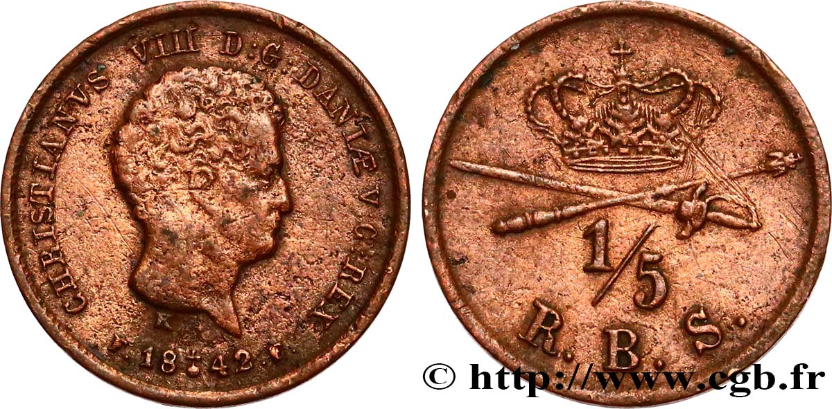DANEMARK 1/5 skilling Christian VIII 1842  TTB 
