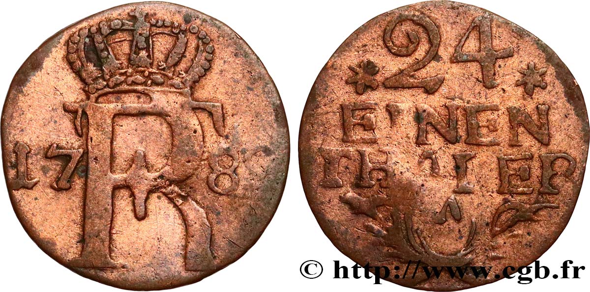 ALLEMAGNE - PRUSSE 1/24 Thaler Royaume de Prusse monogramme de Frédéric II 1782 Berlin TB 