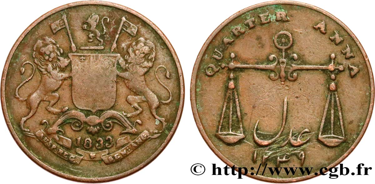 BRITISH INDIA 1/4 Anna East India Company Présidence de Bombay AH 1249 1833 Bombay VF 