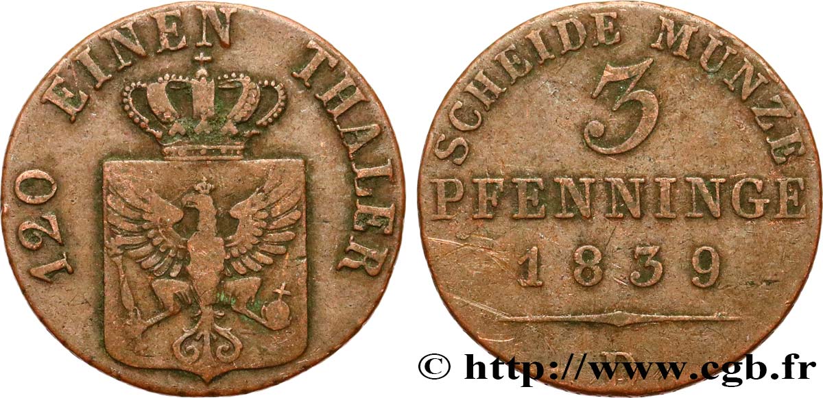 ALEMANIA - PRUSIA 3 Pfenninge Royaume de Prusse écu à l’aigle 1839 Düsseldorf - D BC 