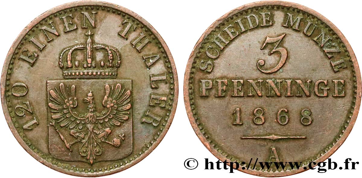 ALLEMAGNE - PRUSSE 3 Pfenninge 1868 Berlin TTB
 