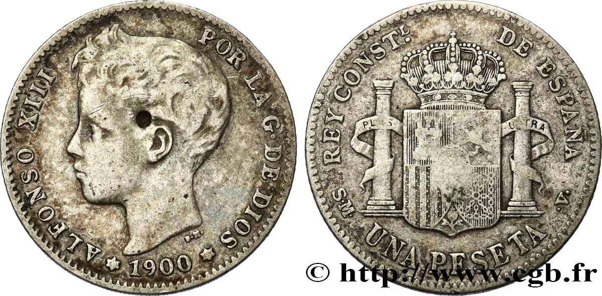 ESPAGNE 1 Peseta Alphonse XIII 3e type 1900 Madrid TB+ 