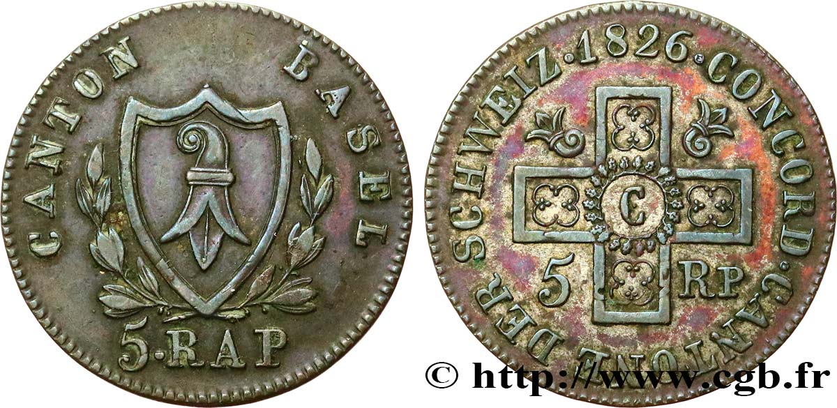SUISSE - CANTON DE BÂLE 1/2 Batzen (5 Rappen) 1826  TTB 