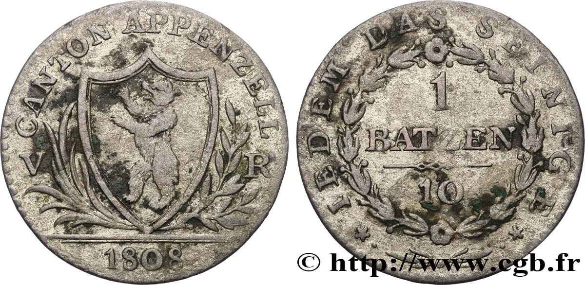 SUISSE - CONFÉDÉRATION HELVÉTIQUE - CANTON D&nbsp;APPENZELL 1 Batzen 1808  TB 