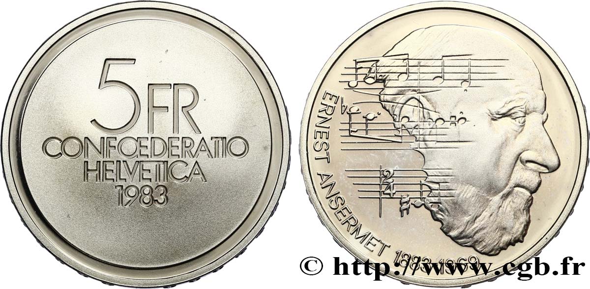 SUISSE 5 Francs Proof 100e anniversaire de la naissance du chef d’orchestre Ernest Ansermet Proof 1983 Berne SPL 