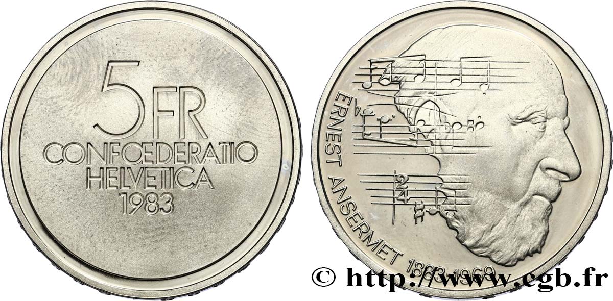 SUISSE 5 Francs Proof 100e anniversaire de la naissance du chef d’orchestre Ernest Ansermet Proof 1983 Berne SPL 