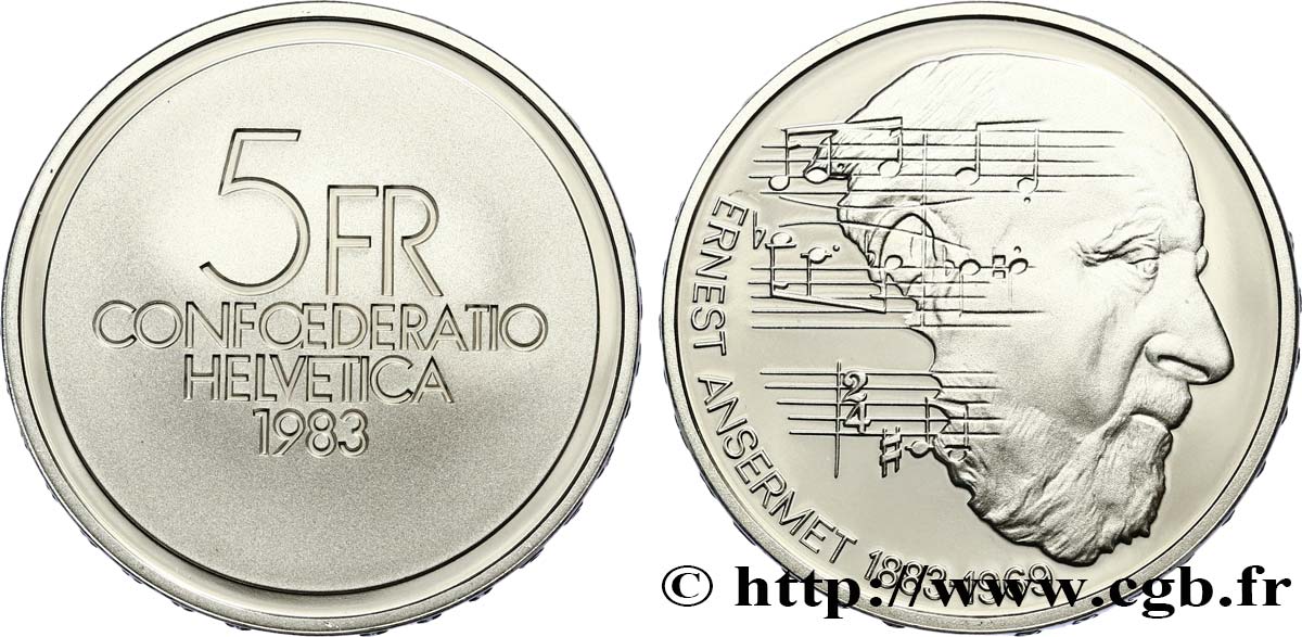 SVIZZERA  5 Francs Proof 100e anniversaire de la naissance du chef d’orchestre Ernest Ansermet Proof 1983 Berne MS 
