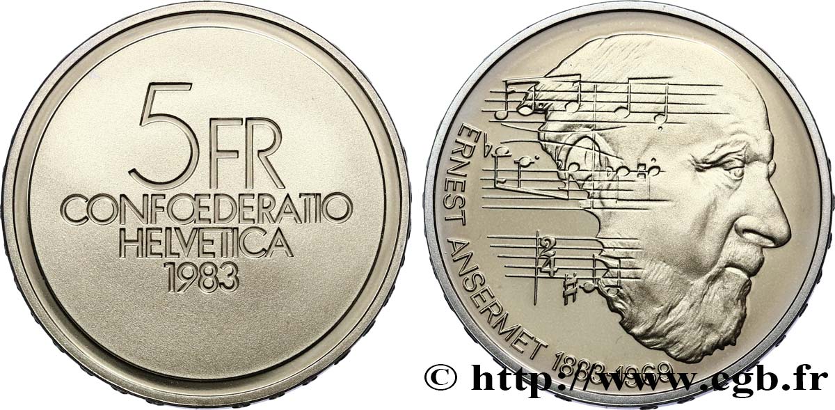 SWITZERLAND 5 Francs Proof 100e anniversaire de la naissance du chef d’orchestre Ernest Ansermet Proof 1983 Berne MS 