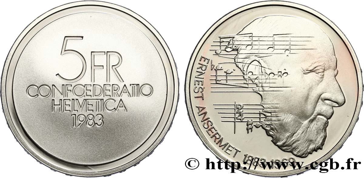 SVIZZERA  5 Francs Proof 100e anniversaire de la naissance du chef d’orchestre Ernest Ansermet Proof 1983 Berne MS 