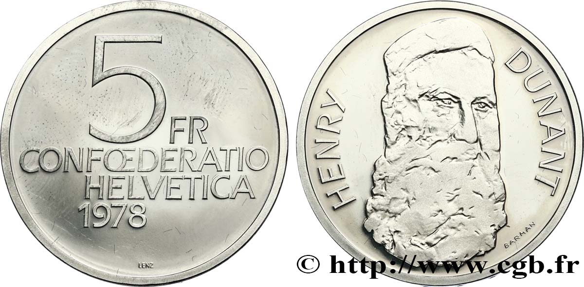 SCHWEIZ 5 Francs Proof 150e anniversaire de la naissance de Henry Dunant, fondateur de la Croix Rouge  1978 Berne fST 
