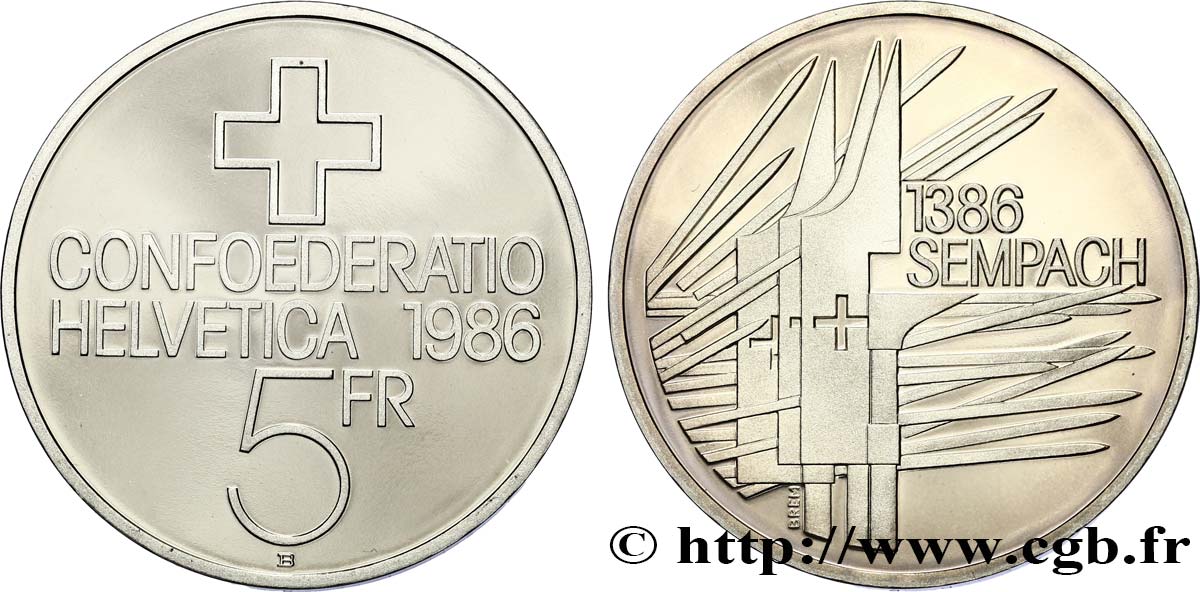 SWITZERLAND 5 Francs Proof 500e anniversaire de la bataille de Sempach 1986 Berne - B MS 