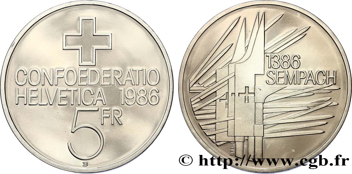 SCHWEIZ 5 Francs Proof 500e anniversaire de la bataille de Sempach 1986 Berne - B fST 