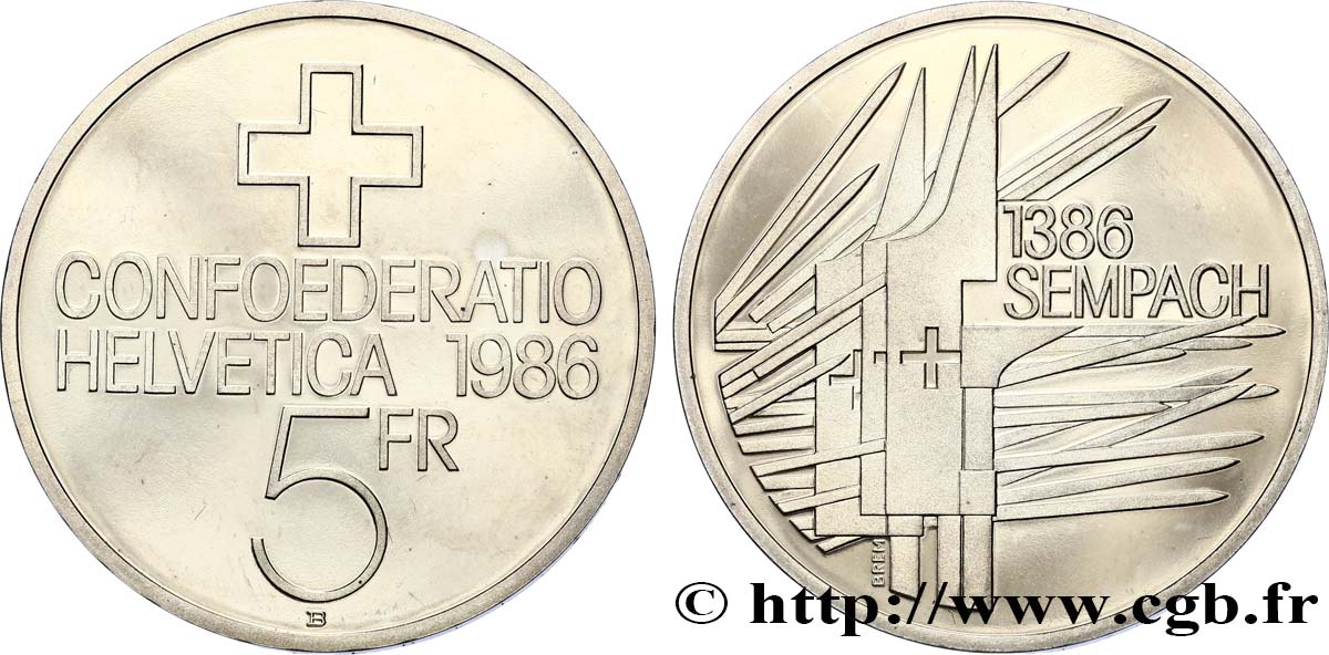 SCHWEIZ 5 Francs Proof 500e anniversaire de la bataille de Sempach 1986 Berne - B fST 