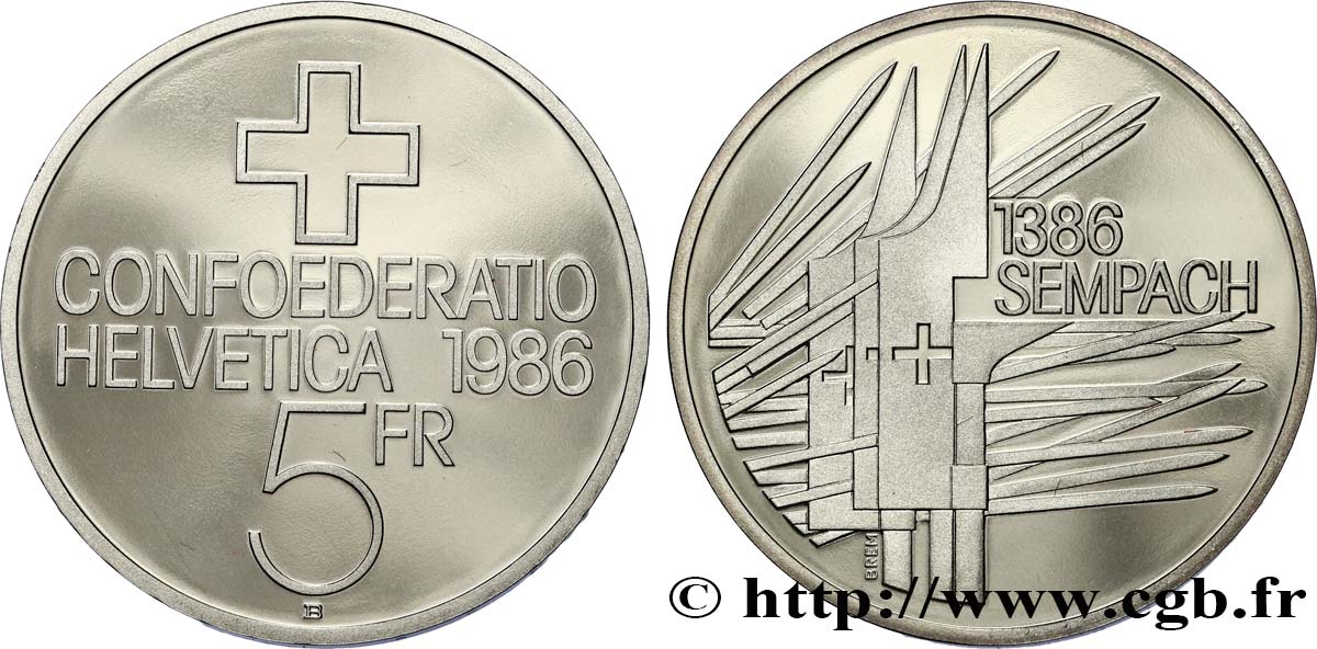 SWITZERLAND 5 Francs Proof 500e anniversaire de la bataille de Sempach 1986 Berne - B MS 