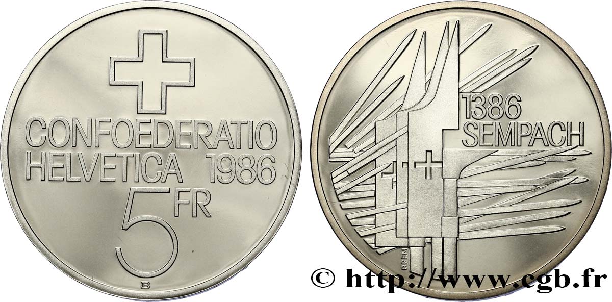 SWITZERLAND 5 Francs Proof 500e anniversaire de la bataille de Sempach 1986 Berne - B MS 