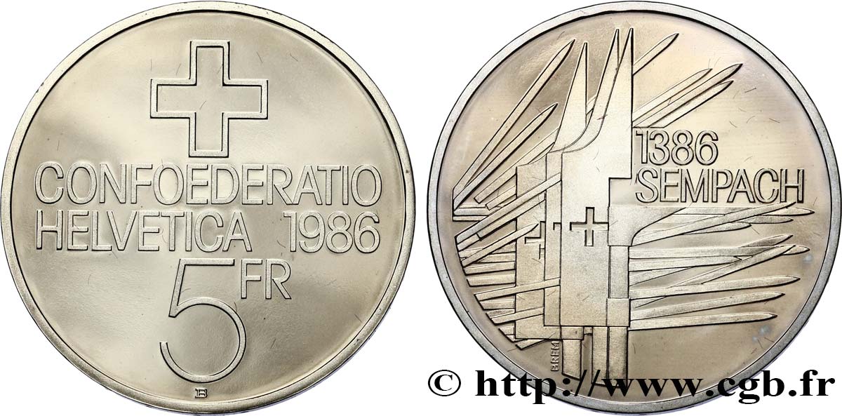 SUISSE 5 Francs Proof 500e anniversaire de la bataille de Sempach 1986 Berne - B SPL 