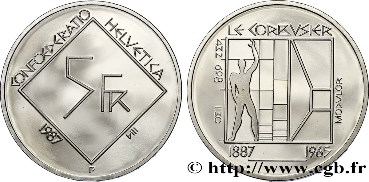 SWITZERLAND 5 Francs Proof 100e anniversaire de la naissance de Charles-Edouard Jeanneret  dit Le Corbusier 1987 Berne - B MS 